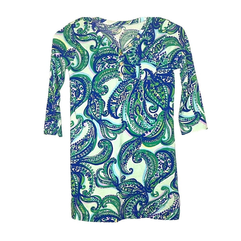 Lilly Pulitzer Dress Kids XL Blue‎ Green Paisley Excellent 3/4 Sleeve Cotton